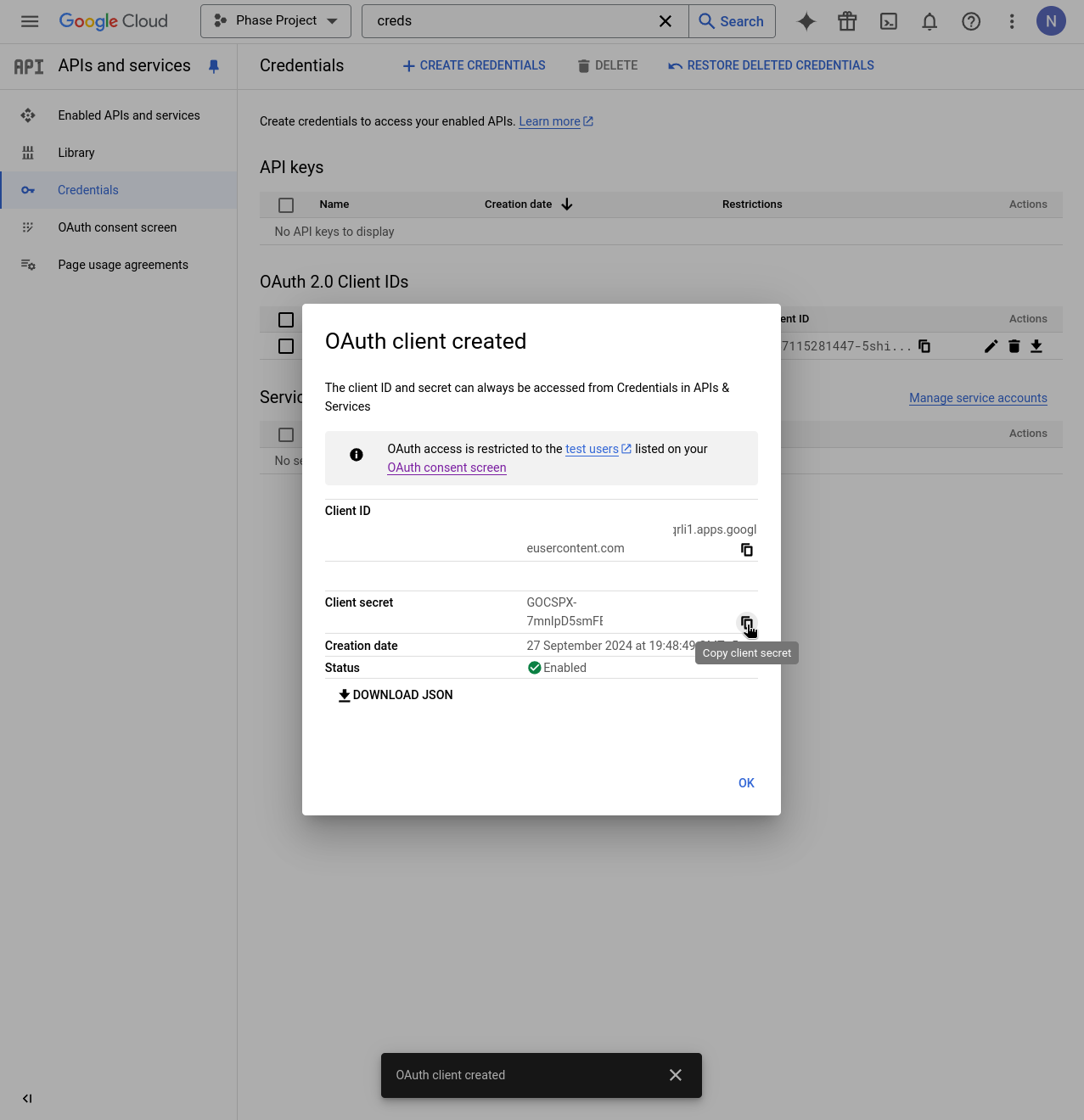 Copy OAuth credentials