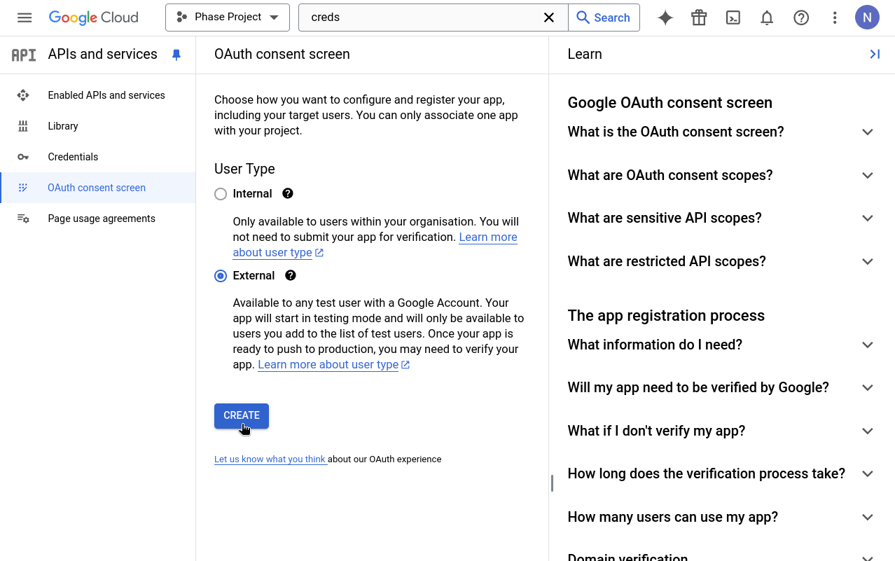 Create external consent screen