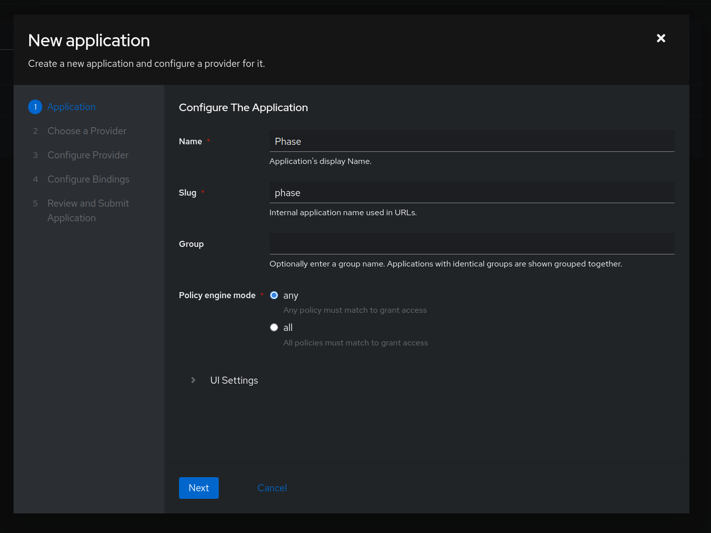 Configure new Application