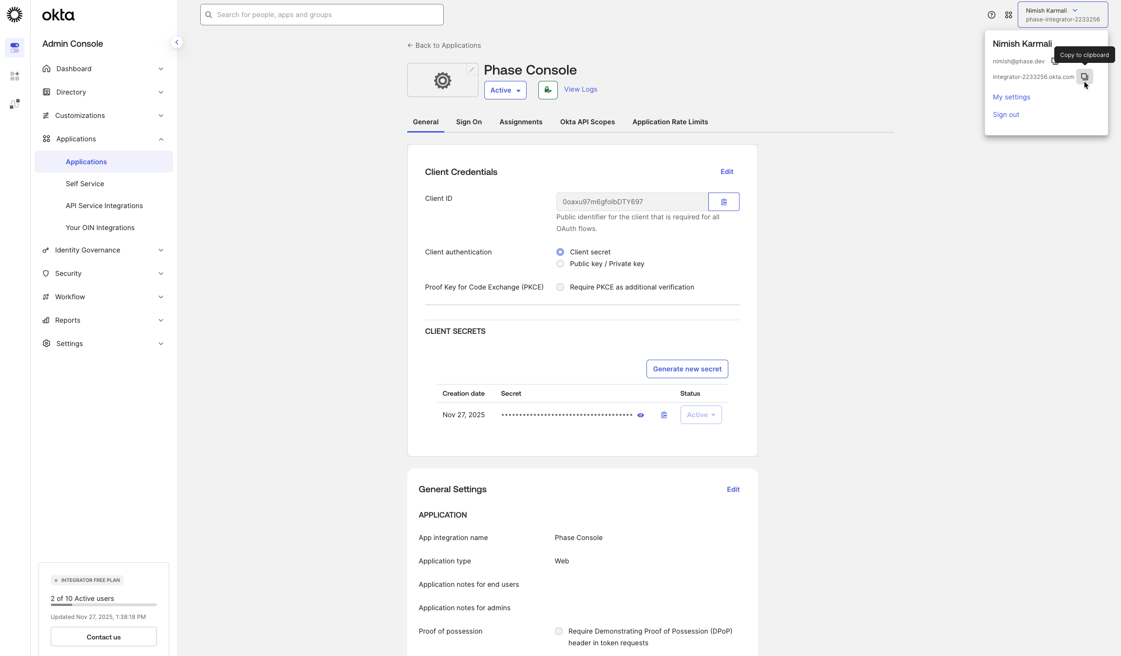 Copy Okta OIDC Issuer Host