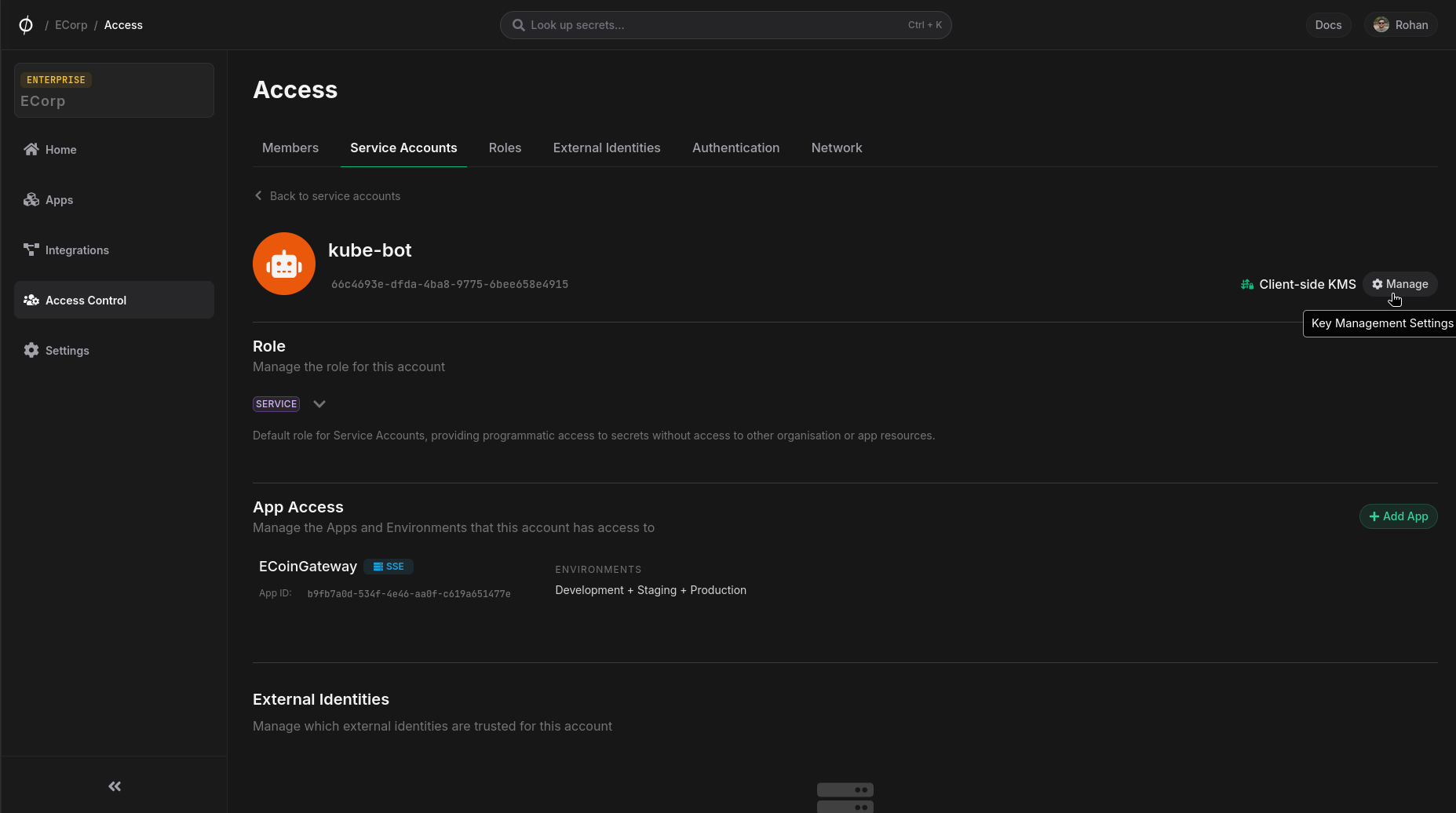 Manage service account KMS button