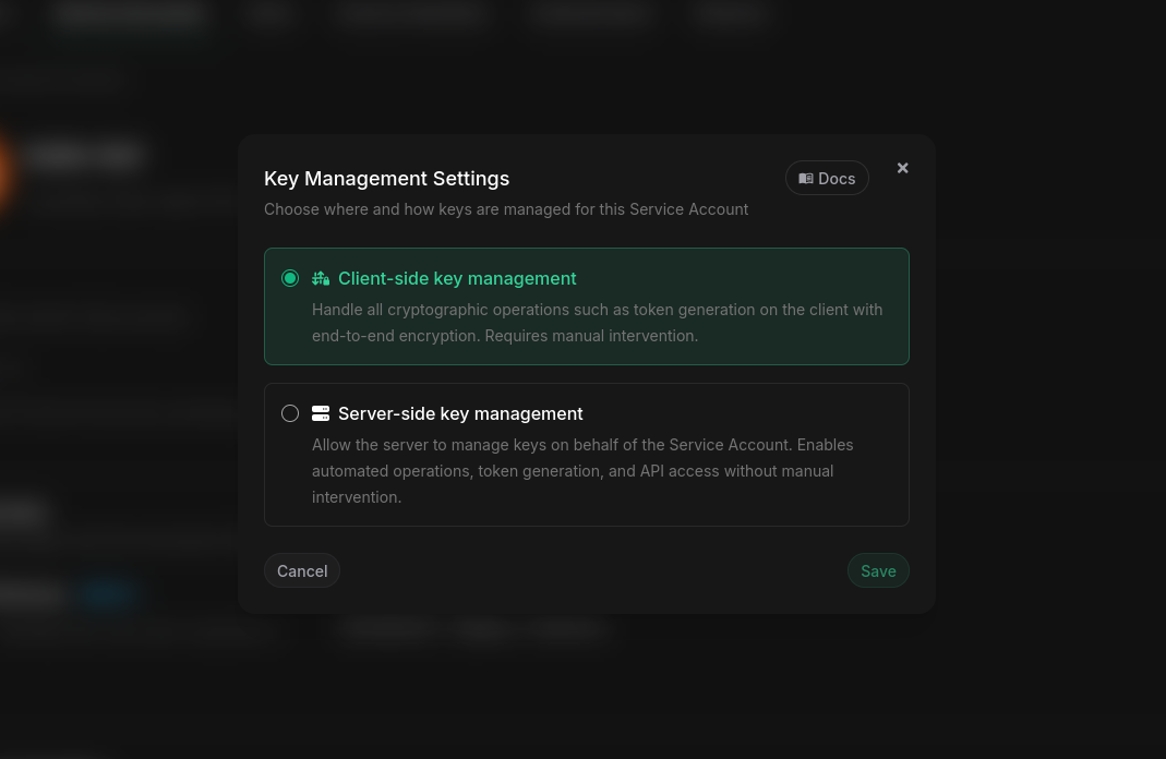 Manage service account KMS dialog