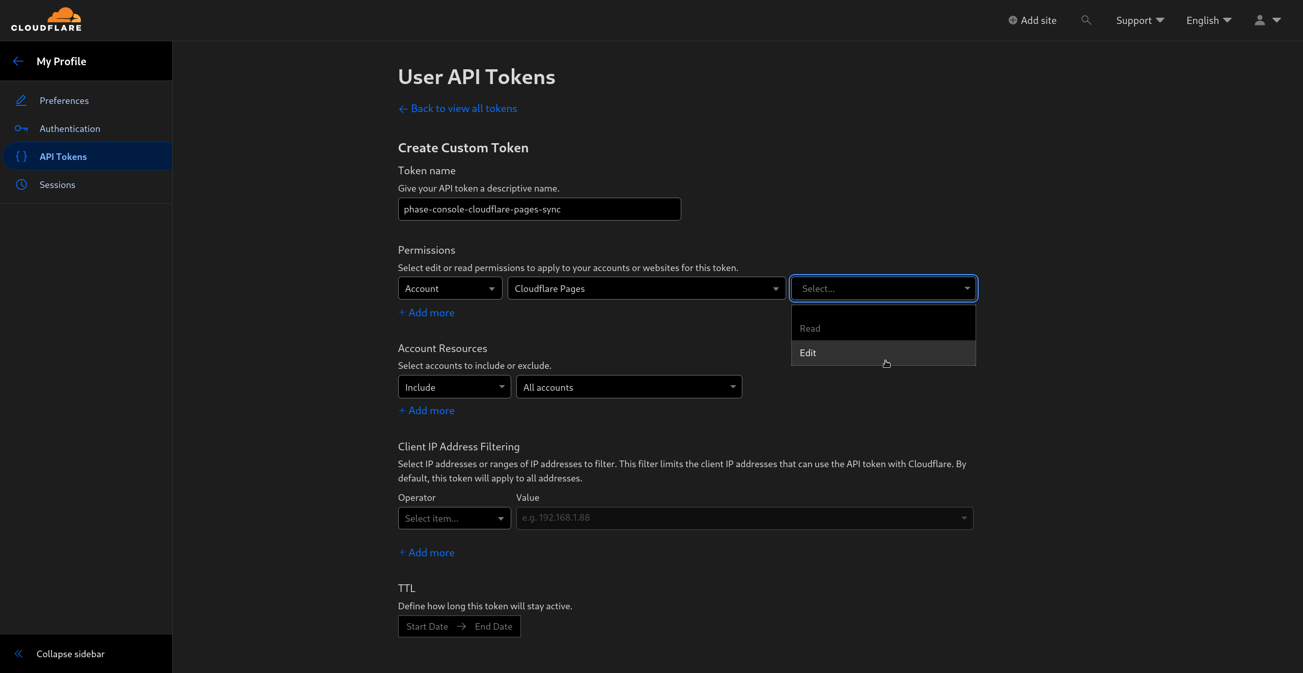 Token name and permissions